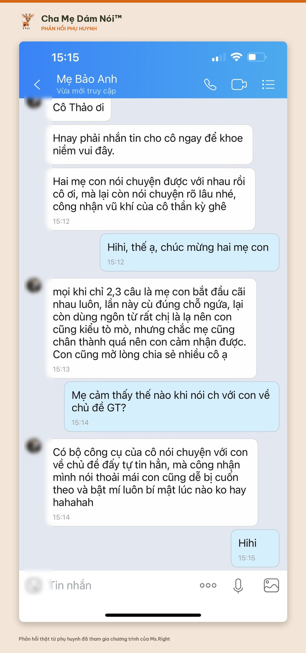 Phản hồi phụ huynh: mẹ con nói chuyện về giới tính tự tin, con mở lòng chia sẻ