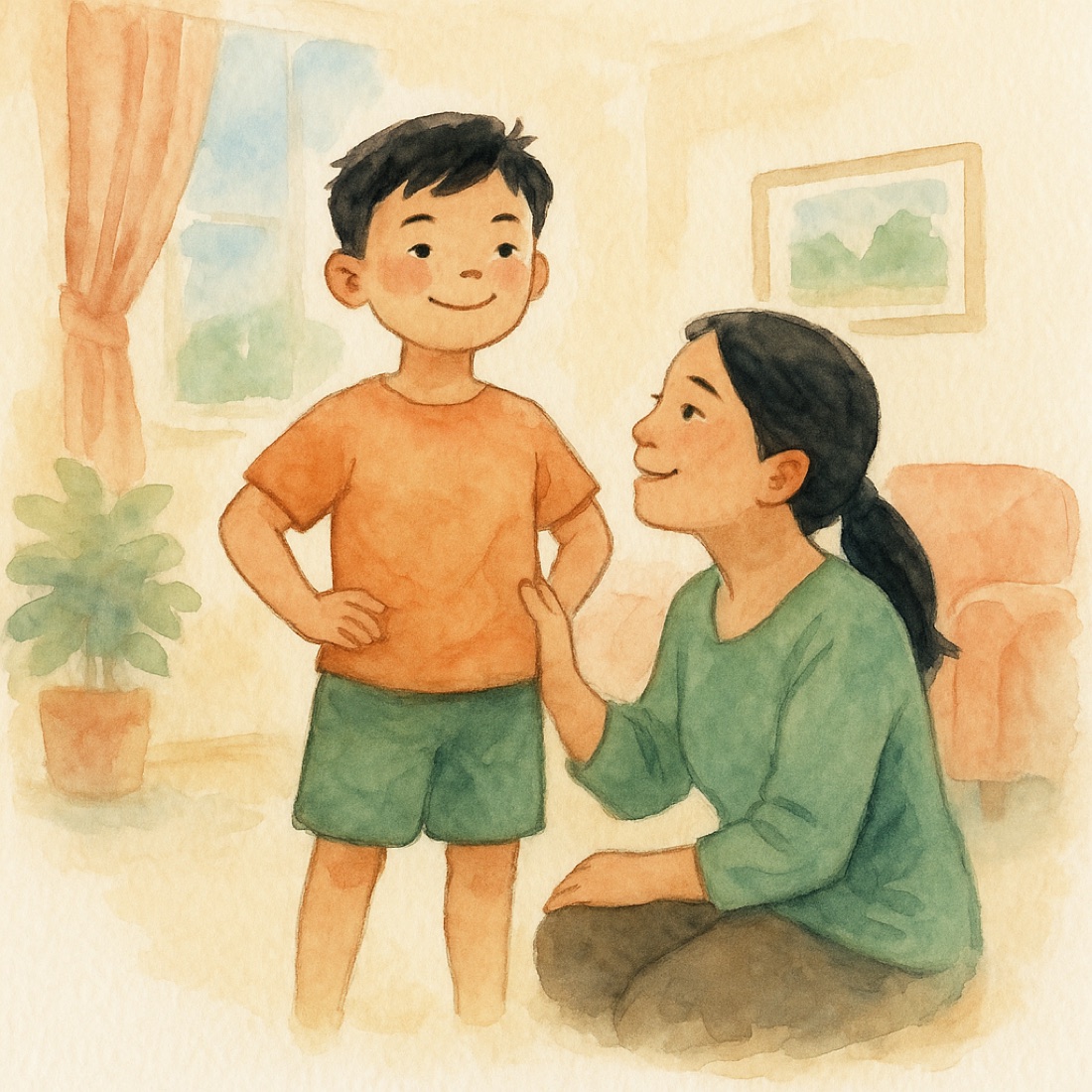 Minh hoạ màu nước: con tự tin, an toàn bên cha mẹ