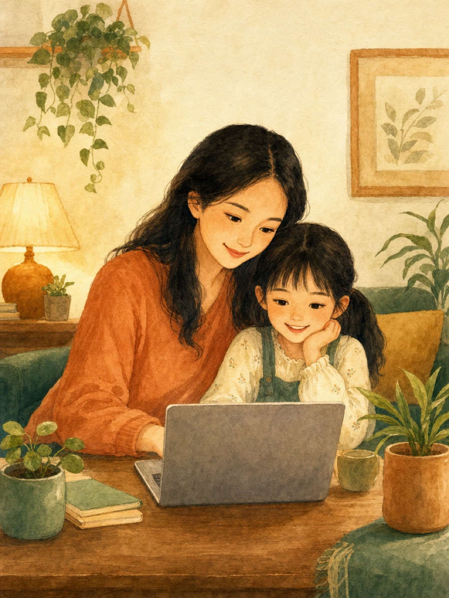Minh hoạ màu nước: mẹ và con cùng ngồi học online